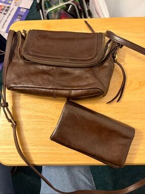 Classic Hobo Brand Brown Leather Crossbody Bag with matching wallet